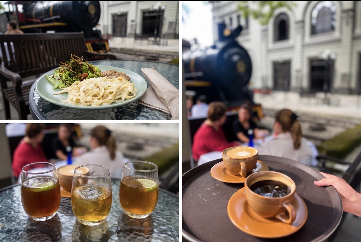 Detalles gastronómicos — pasta, bebidas frescas y café colombiano del restaurante del tour MOVE