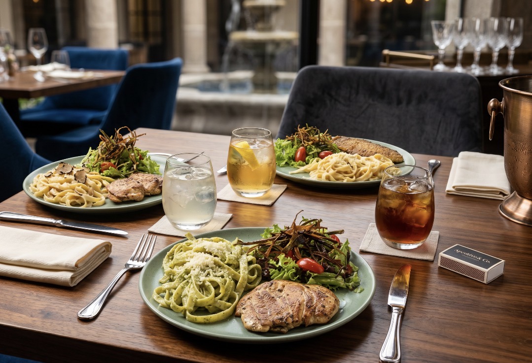 Tres platos servidos en mesa de madera con bebidas — experiencia gastronómica MOVE