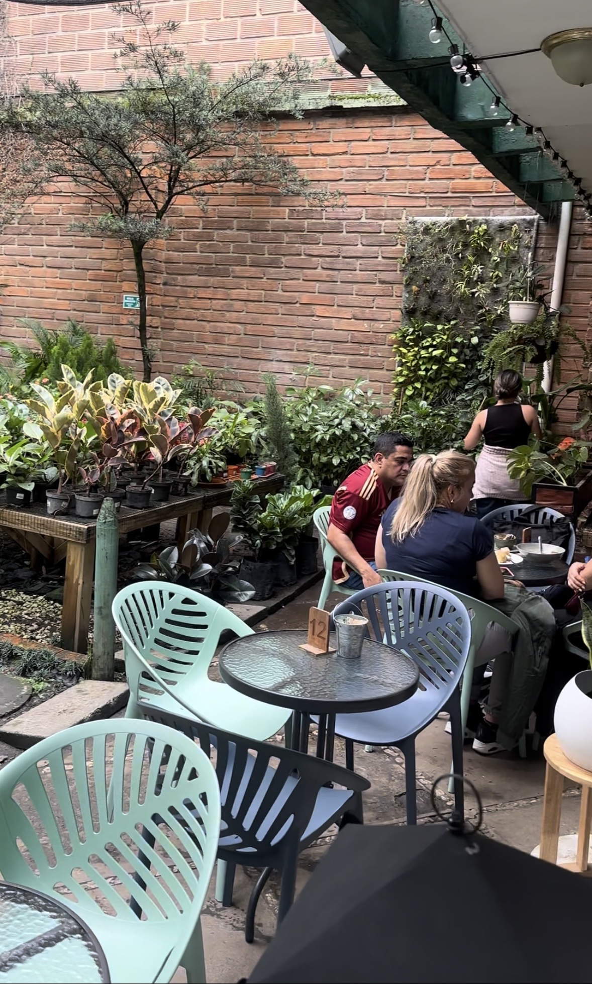 Terraza con jardín y mesas servidas — restaurante del tour en barrio Conquistadores