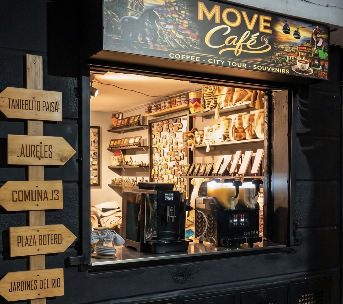 MOVE Café in Laureles — espresso machines, frappés and souvenirs at MOVE City Tours HQ
