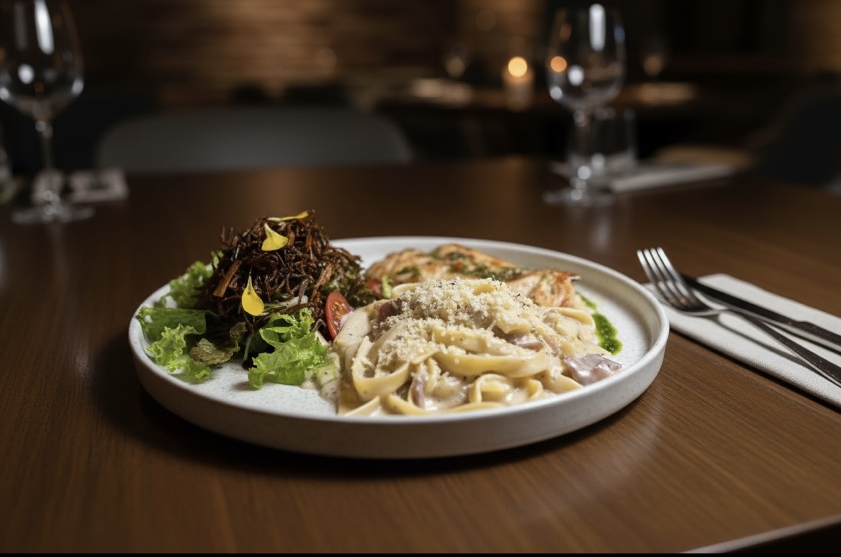 Plato gourmet de pasta con pollo y ensalada — ambiente íntimo del restaurante MOVE