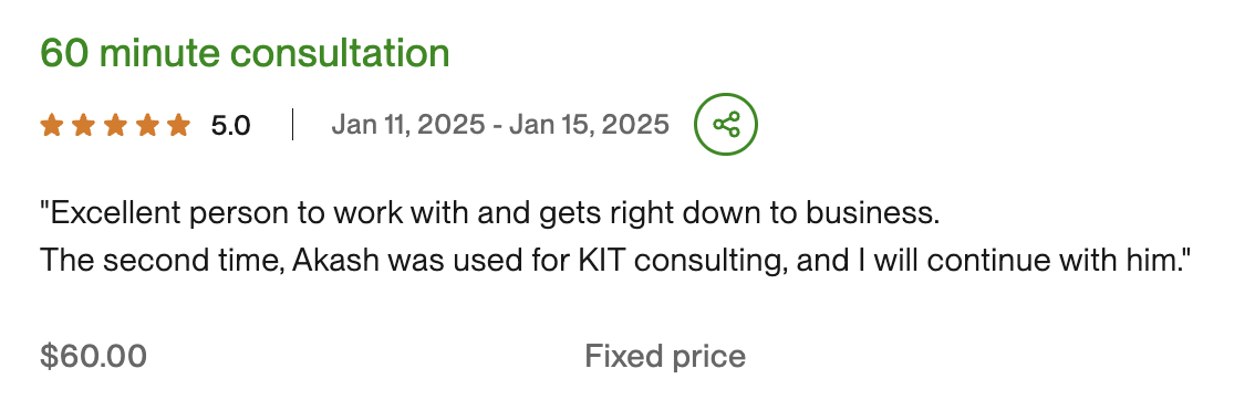 60 minute consultation - 5.0 rating