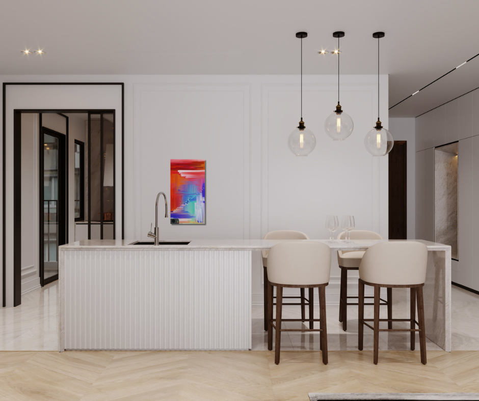 A Boxcreet piece against a deep navy interior wall