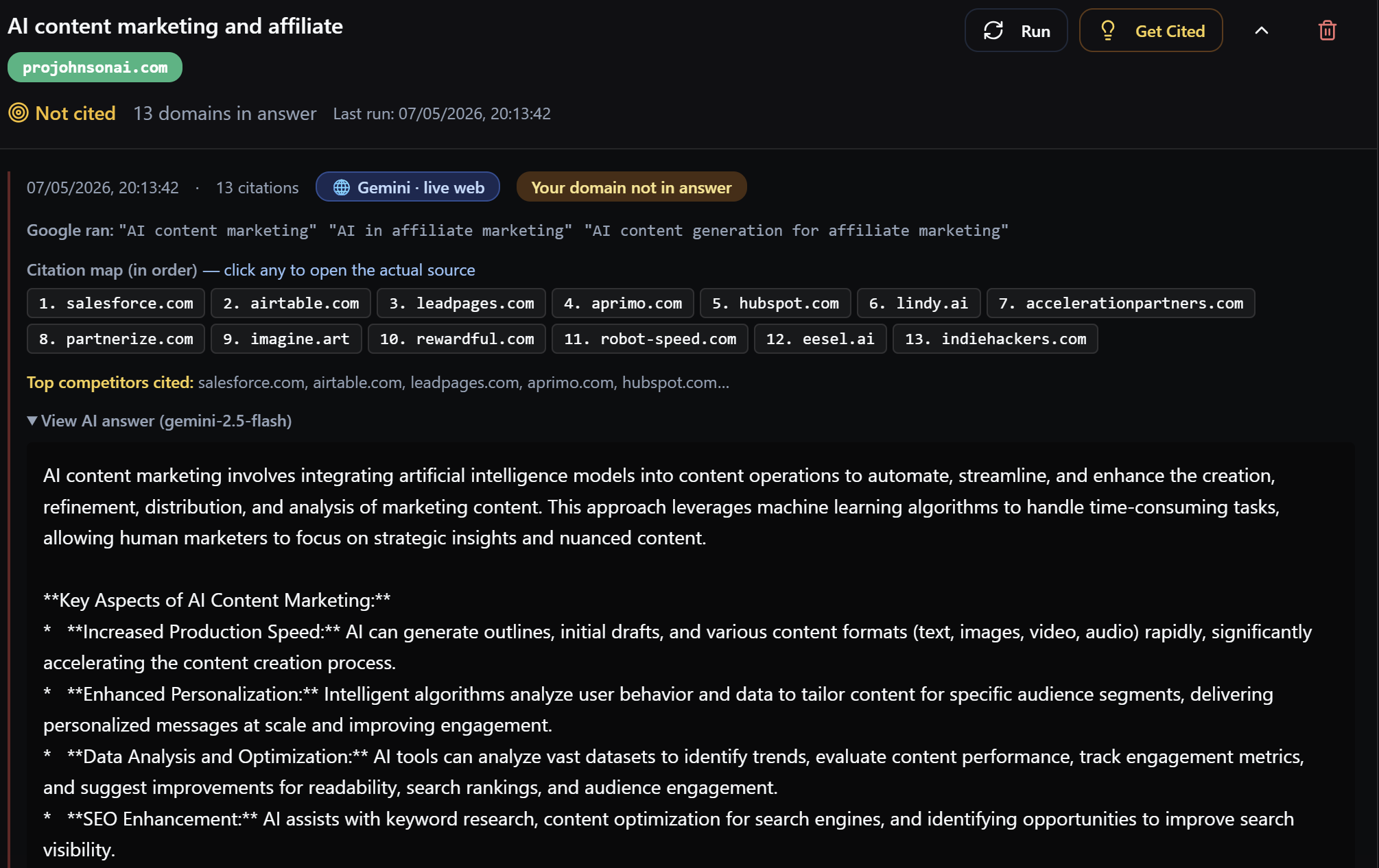 Creatara Citation Tracker showing Gemini live-web citation map with 13 ranked competitor domains and a Get Cited button