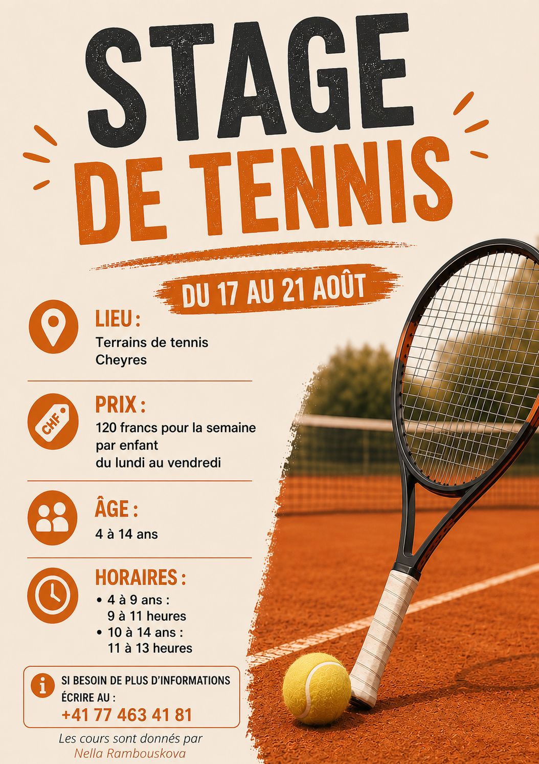 Flyer Stage de tennis - du 17 au 21 août 2026