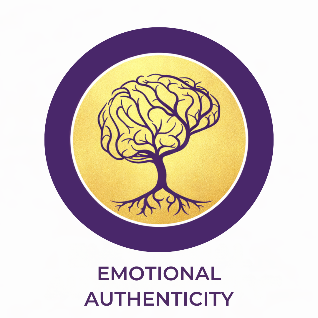 Emotional Authenticity Method logo by Kenny Weiss featuring brain-tree symbol representing metacognition and root-level childhood trauma healing