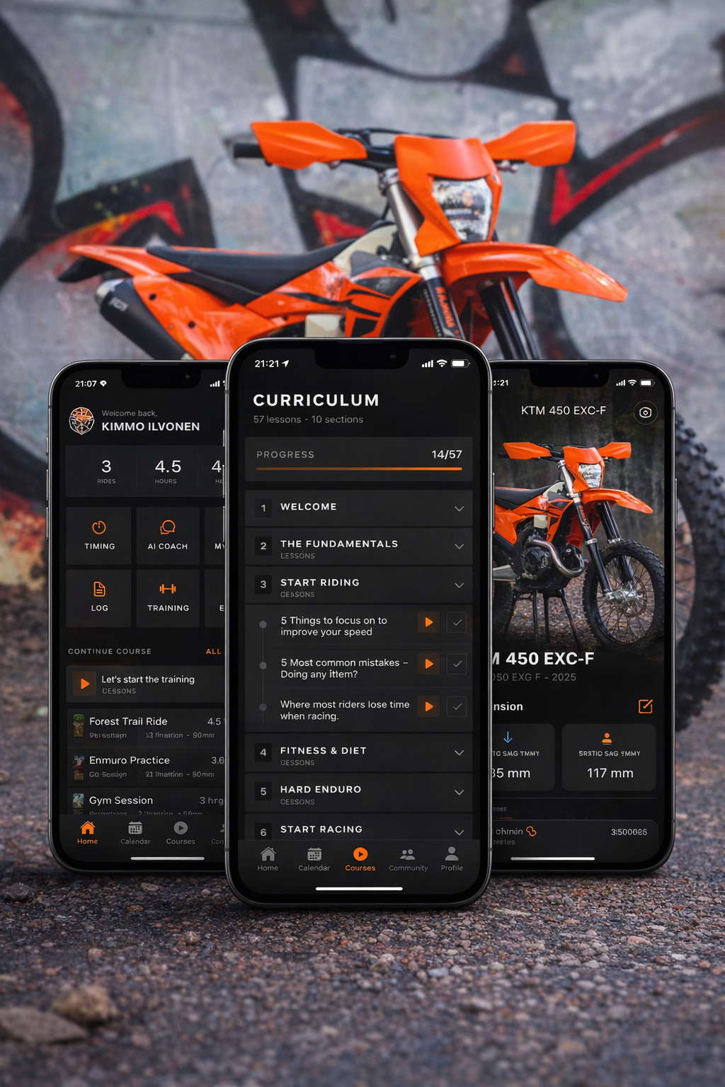 EnduroSchool App — Three iPhone screens showing the app