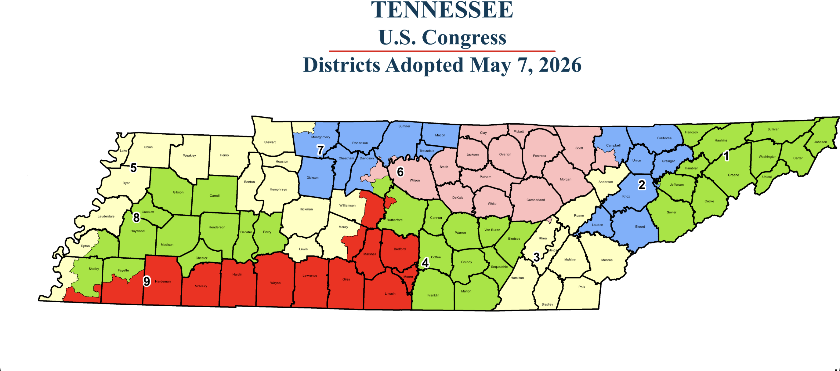 Tennessee Congressional Districts map — adopted May 7, 2026