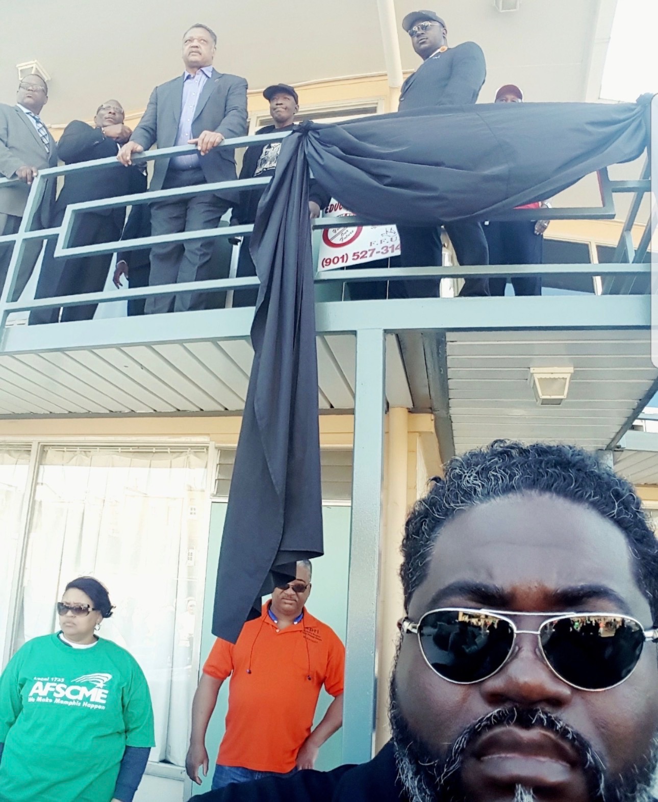 Kevin Bradshaw, Kermit Moore, Rev. Dr. Dwight Montgomery, and Rev. Jesse Jackson outside Room 306 at the Lorraine Motel, April 2018