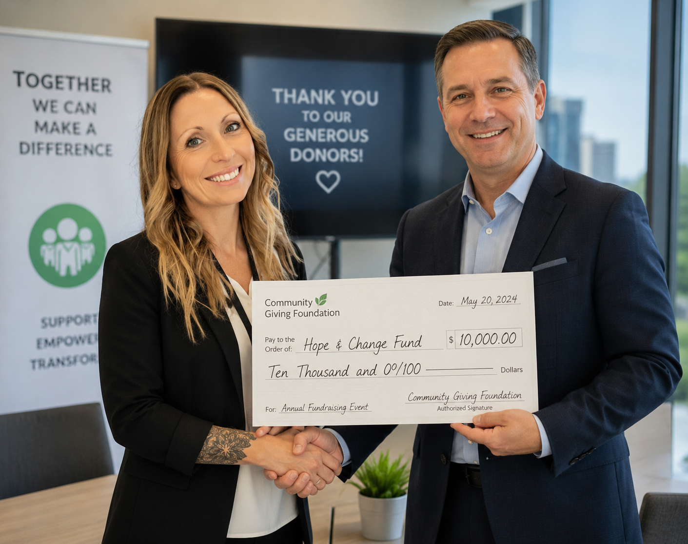 A cheque presentation — Signal helps fundraising teams win the grants that matter.