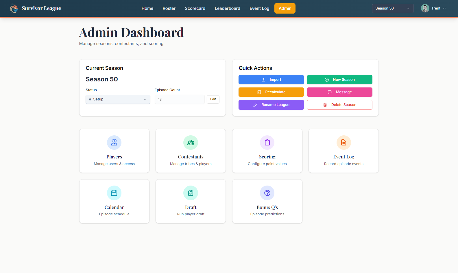 Admin Dashboard with season management, quick actions, and feature cards
