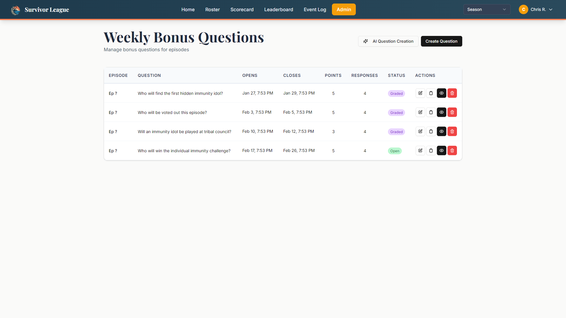 Weekly Bonus Questions management interface with graded and open questions
