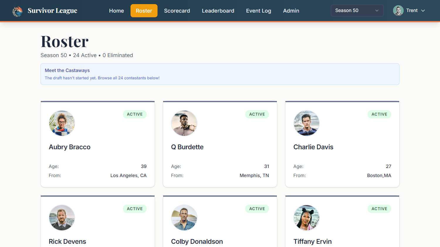 Draft interface showing contestant cards with player info