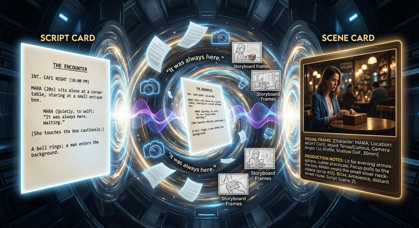 A glowing cinematic tunnel portal at the centre, a script card on the left and a gold-bordered scene card on the right — the page becoming the frame.
