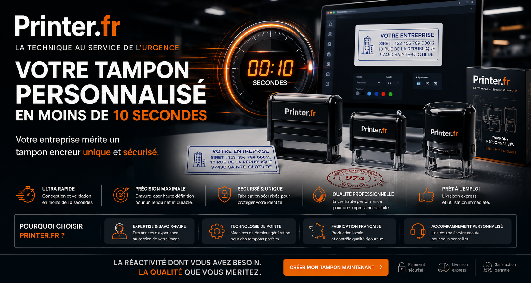 Printer.fr — Votre tampon personnalisé en moins de 10 secondes. La technique au service de l'urgence.