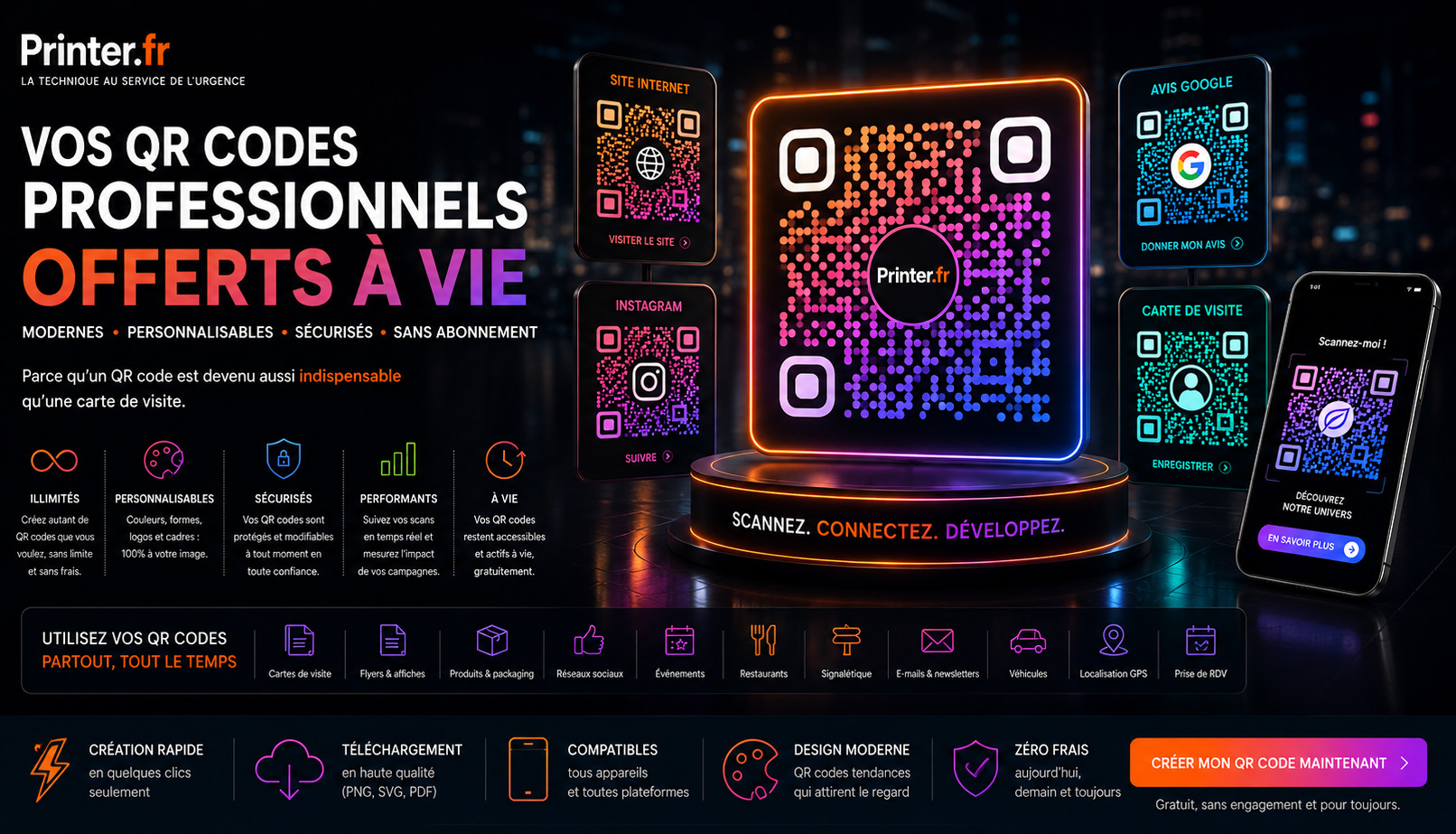 Printer.fr — Vos QR Codes professionnels offerts à vie. Modernes, personnalisables, sécurisés, sans abonnement.
