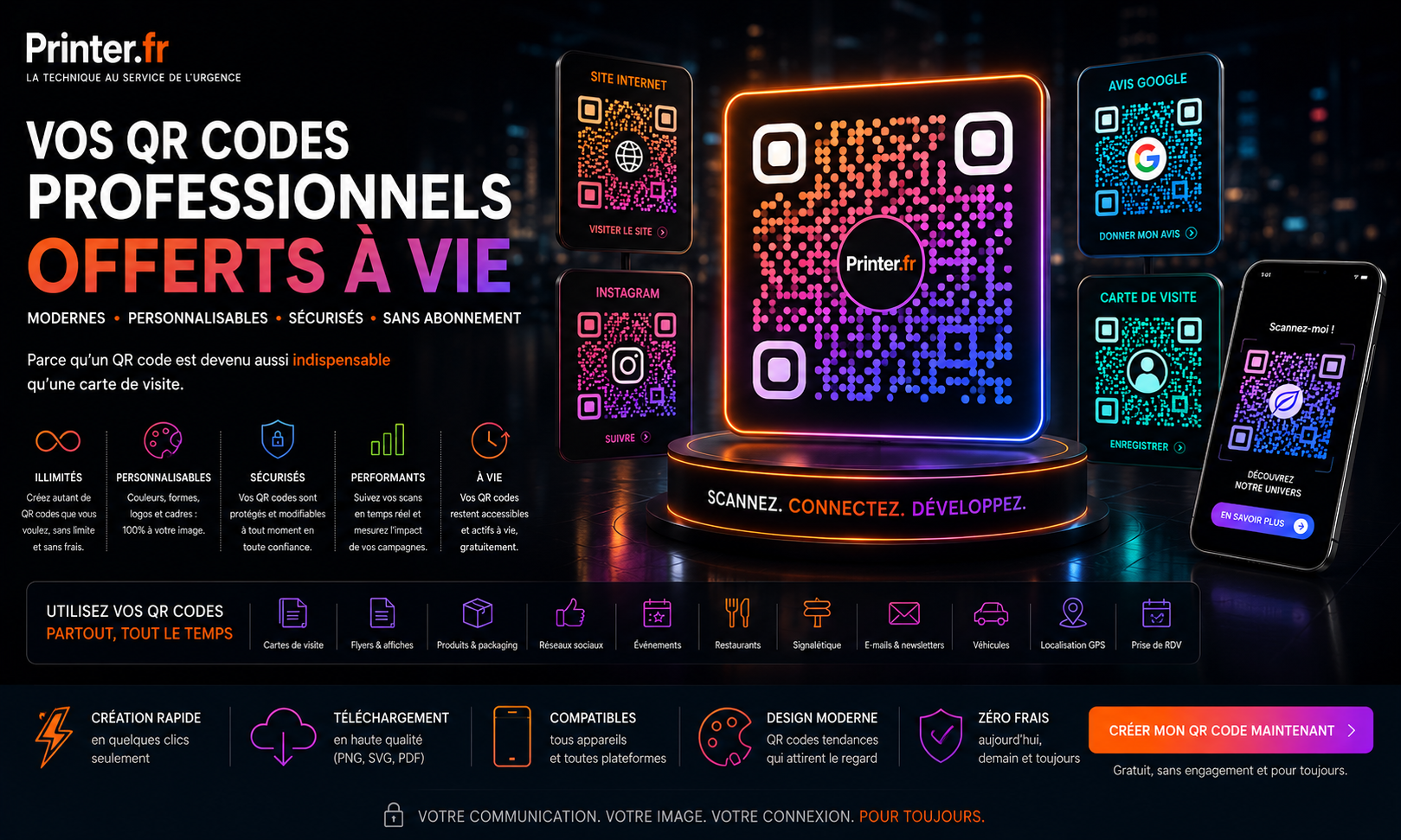 Printer.fr — Vos QR Codes professionnels offerts à vie. Modernes, personnalisables, sécurisés, sans abonnement.