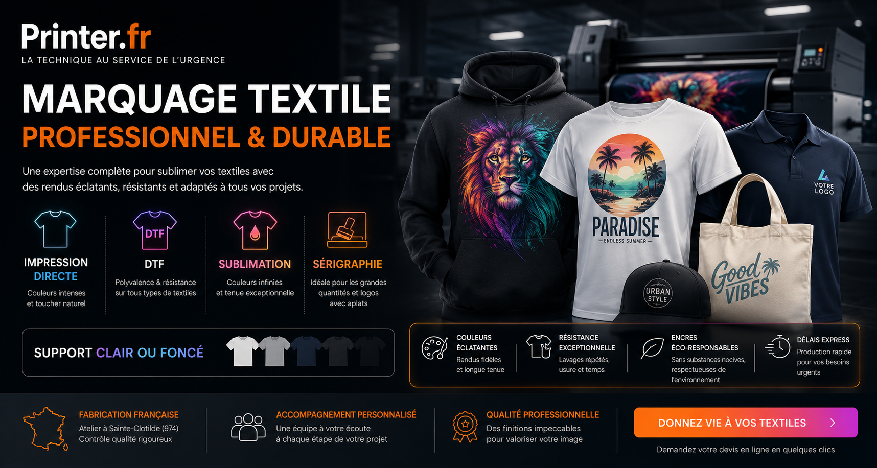 Printer.fr — Marquage textile professionnel et durable. DTF, sublimation, sérigraphie & impression directe.