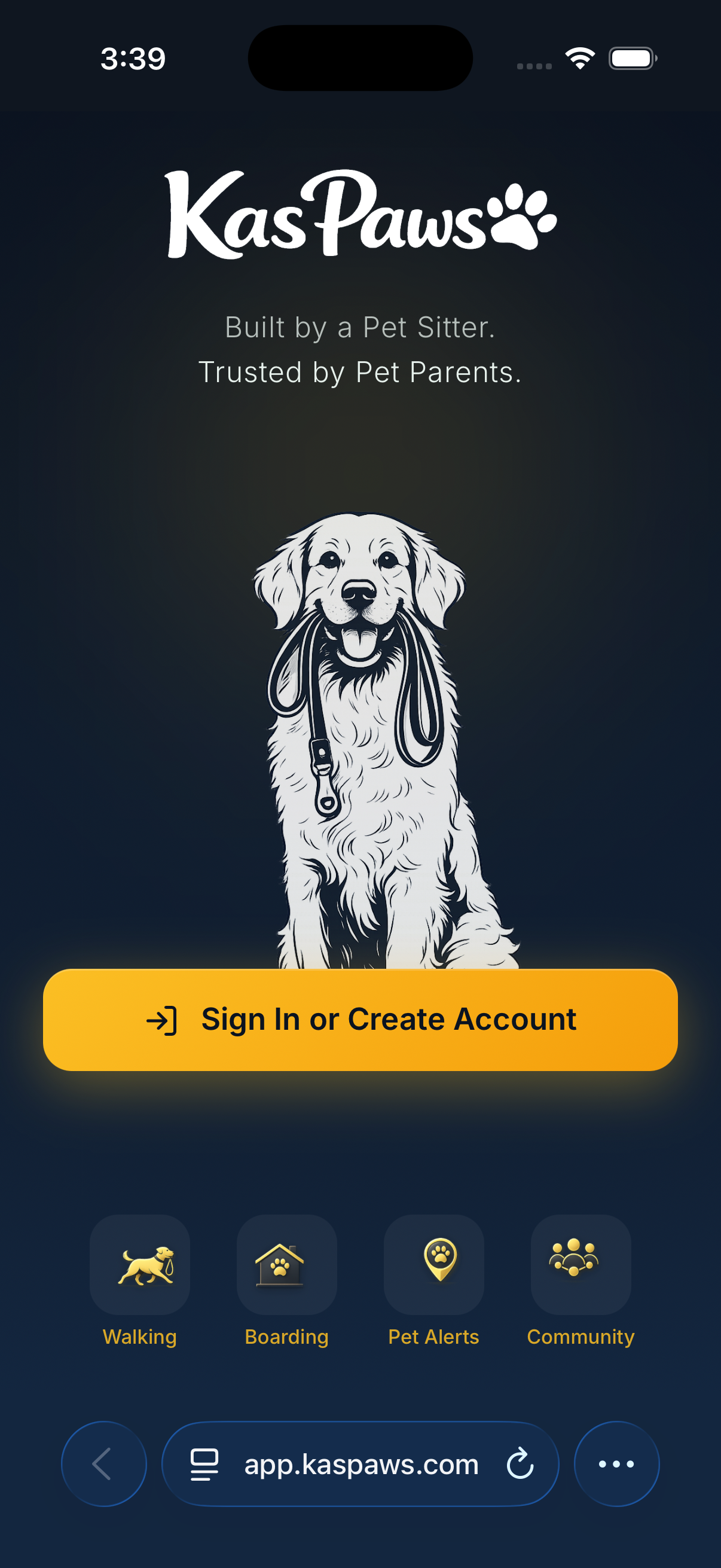 KasPaws Mobile App - Login screen