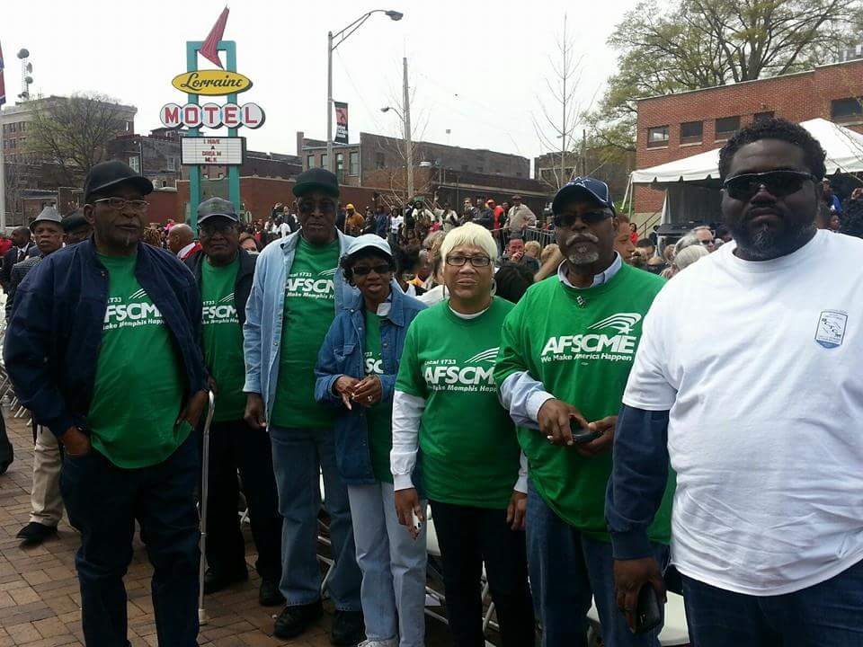 AFSCME Local 1733 members and community leaders at the Lorraine Motel — standing on the shoulders of the 1968 strikers