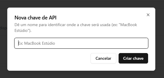 Modal Nova chave de API pedindo um nome