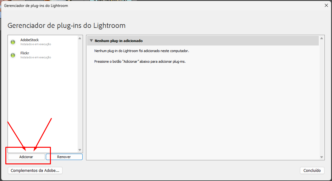 Gerenciador de plug-ins do Lightroom com botão Adicionar destacado