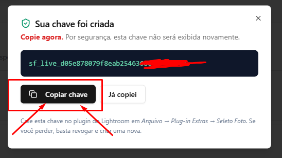 Modal Sua chave foi criada com botão Copiar chave destacado