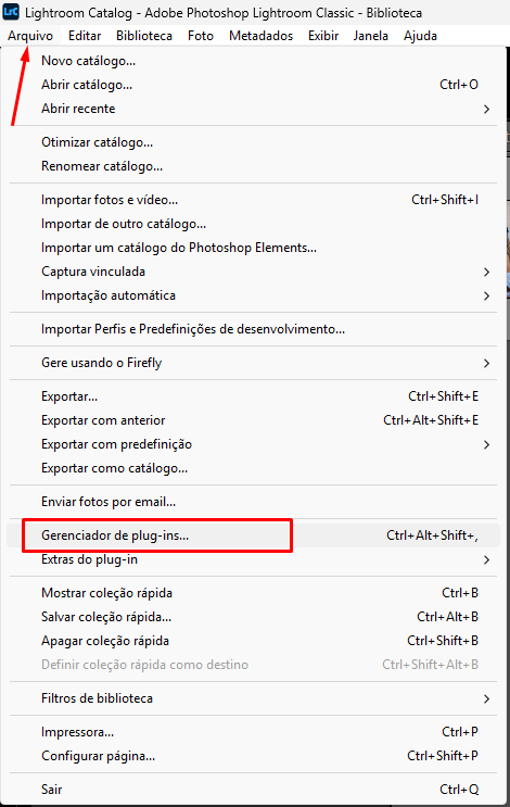 Menu Arquivo do Lightroom com Gerenciador de plug-ins destacado