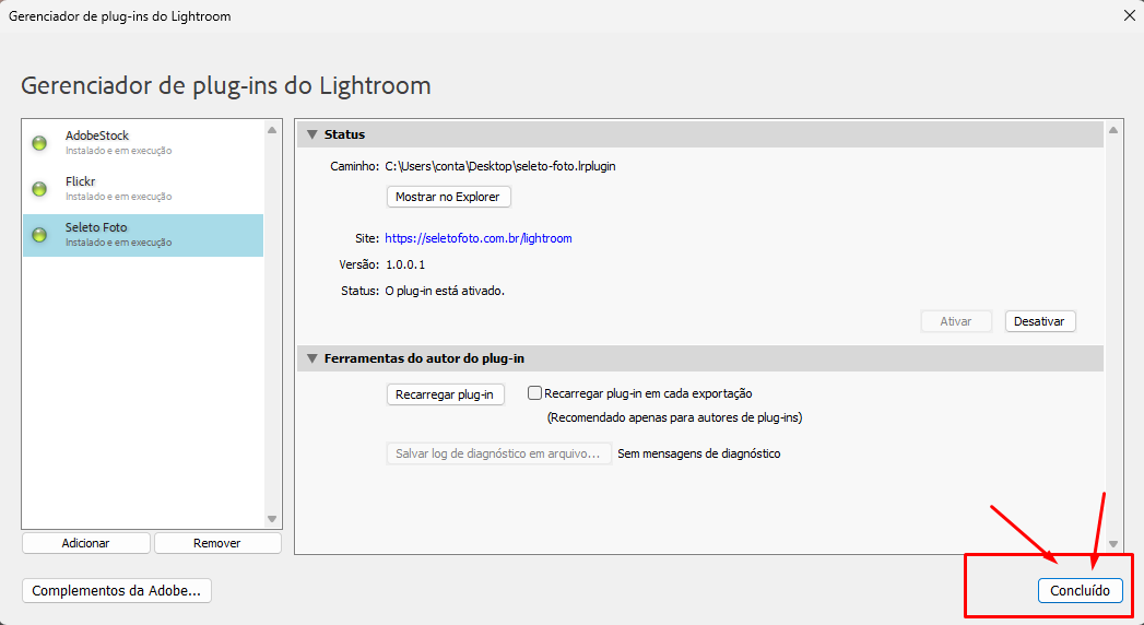 Plugin Seleto Foto instalado e em execução, clique em Concluído