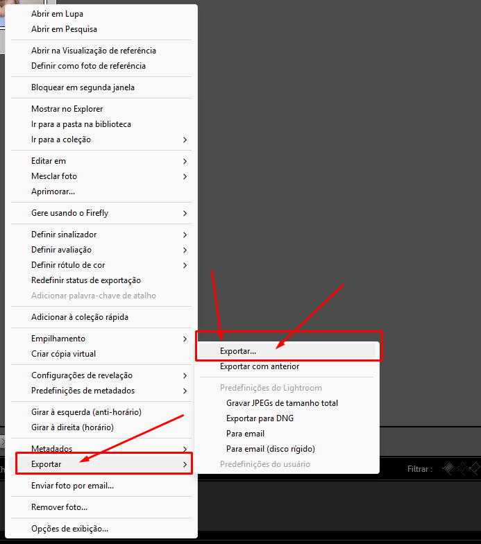 Menu de contexto do Lightroom com opção Exportar destacada