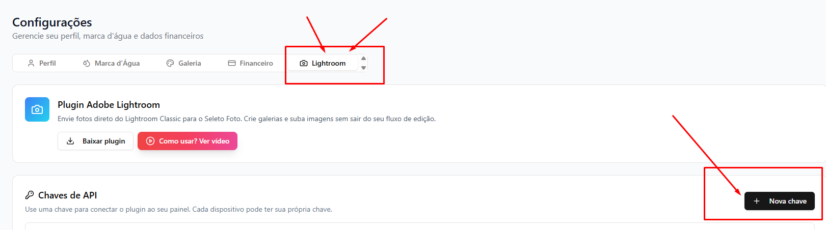 Configurações com aba Lightroom e botão Nova chave destacados