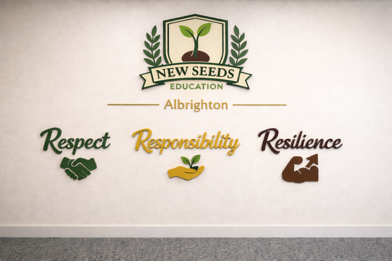 New Seeds Education Albrighton — Respect, Responsibility, Resilience values wall
