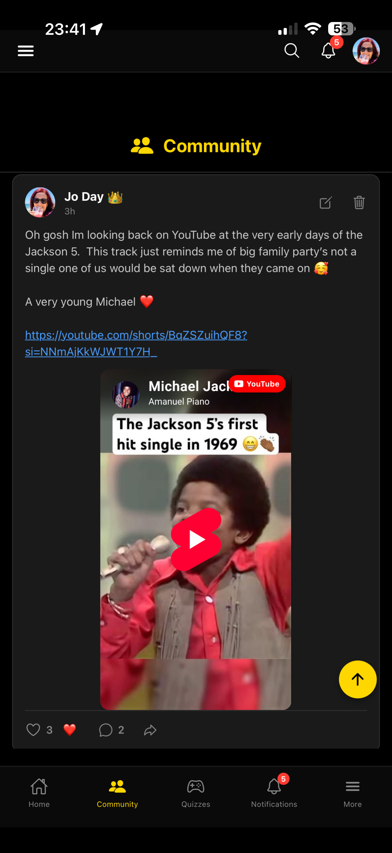 PopCrown Michael Jackson fan community - Jo Day sharing Jackson 5 YouTube video memories - real MJ fans discussing King of Pop music and legacy in moderated safe space