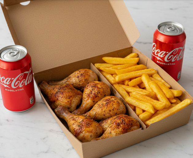 Crispy chicken box with fries and Coca-Cola