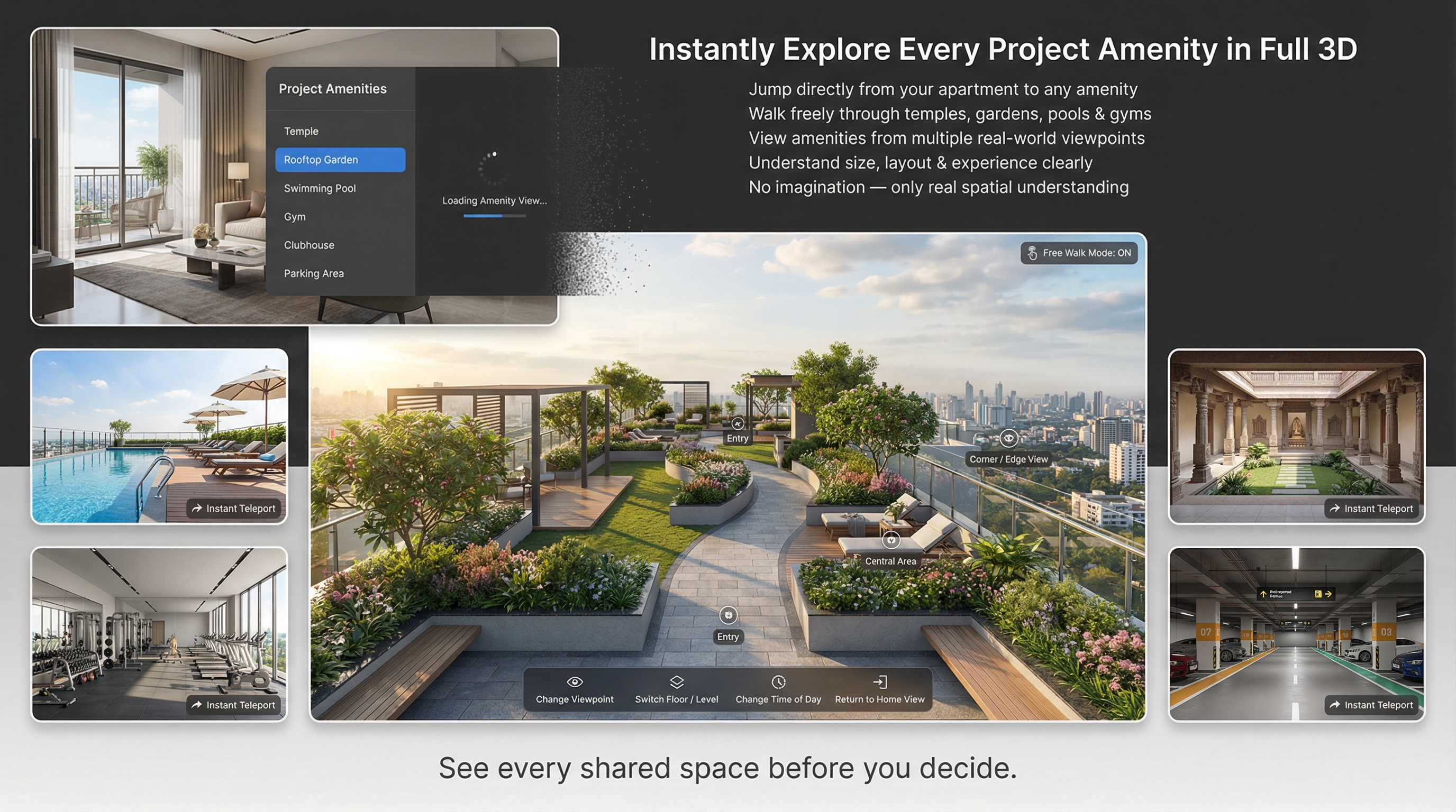 Interior walkthrough with UI overlays