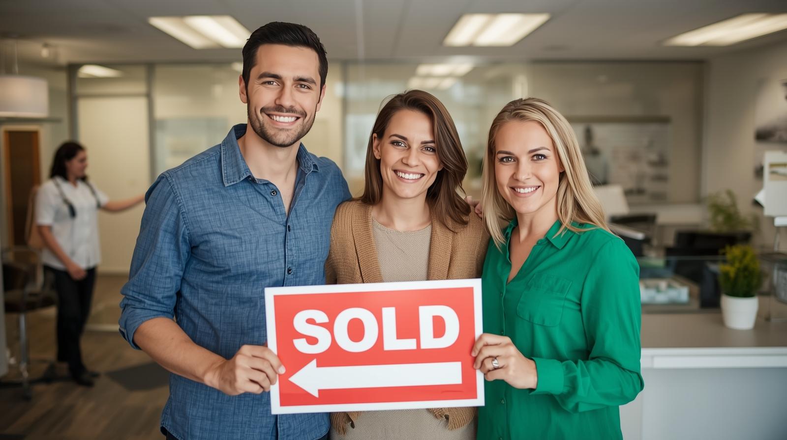 Happy homeowners with sold sign