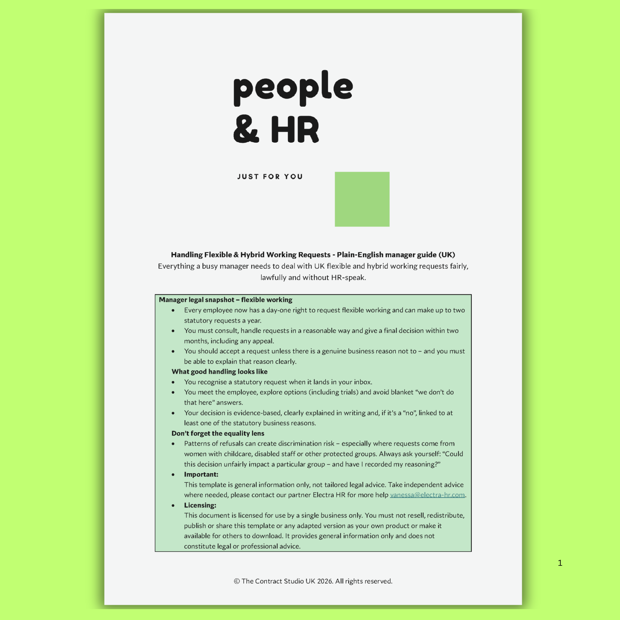 Cover page of The Contract Studio's Flexible & Hybrid Working Requests Manager Guide for UK SMEs
