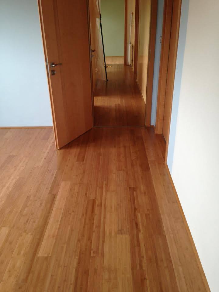 Warm honey-toned bamboo flooring running through a hallway and connecting through to multiple rooms