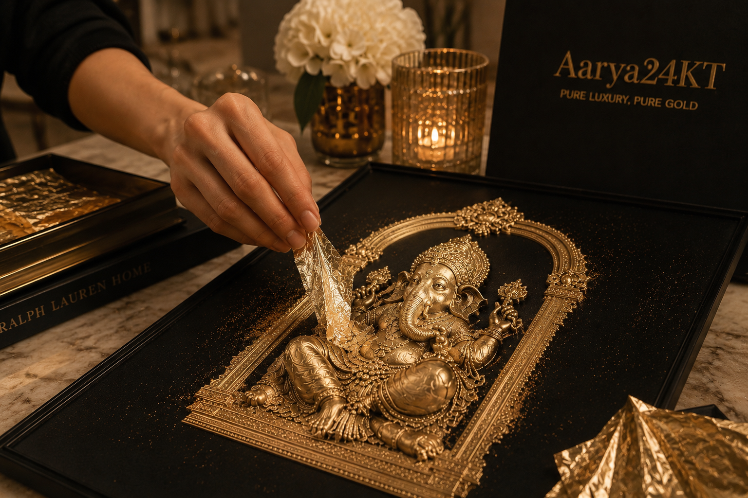 Aarya24KT atelier — the ritual of applying 24KT gold leaf