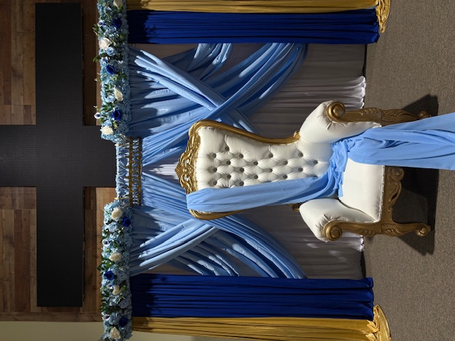 Hem of Grace Events royal throne blue draping special event Florida