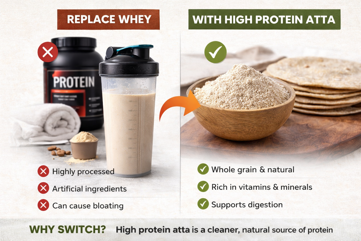 Whey Protein vs High Protein Atta comparison