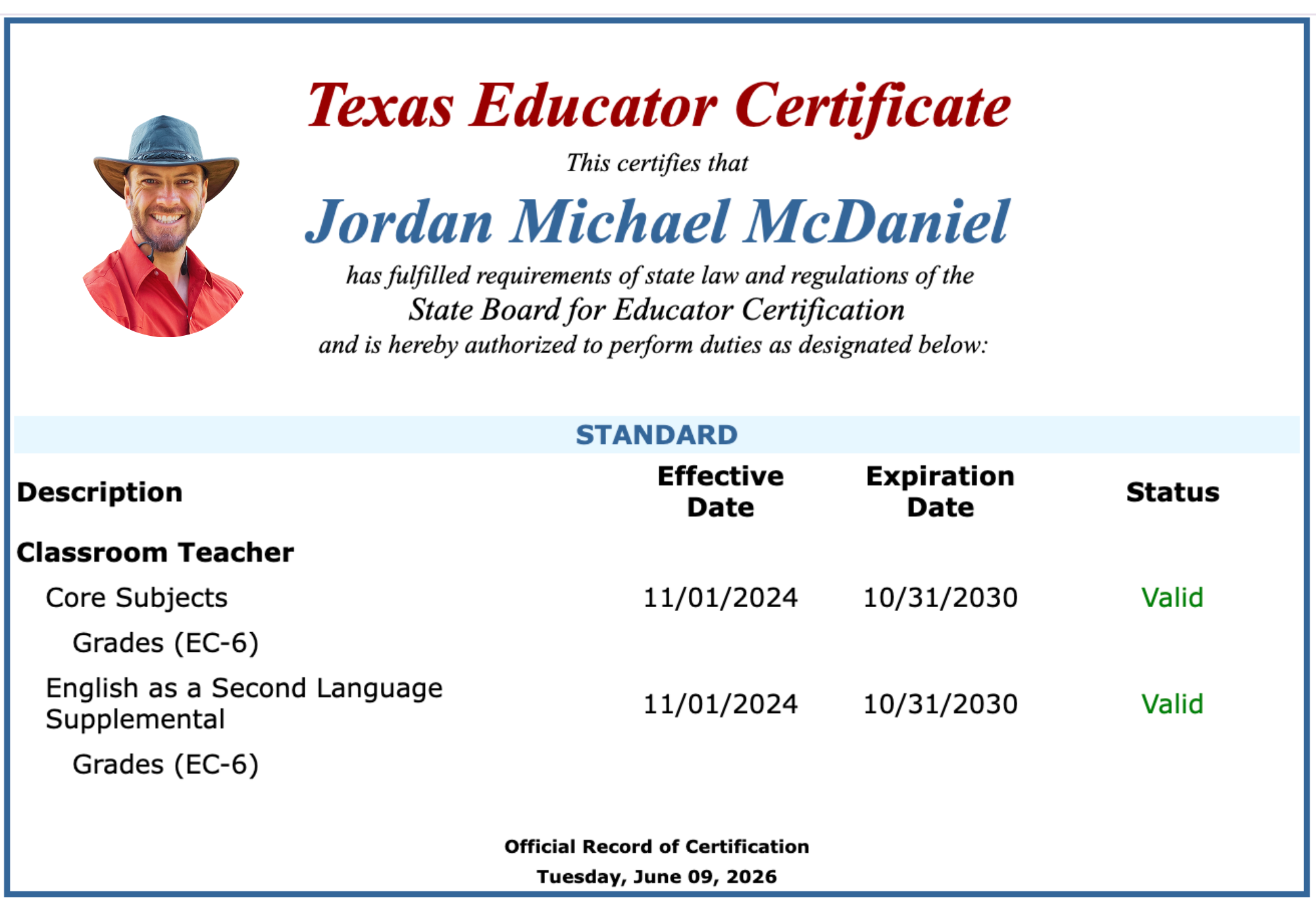Texas Educator Certificate — Jordan Michael McDaniel