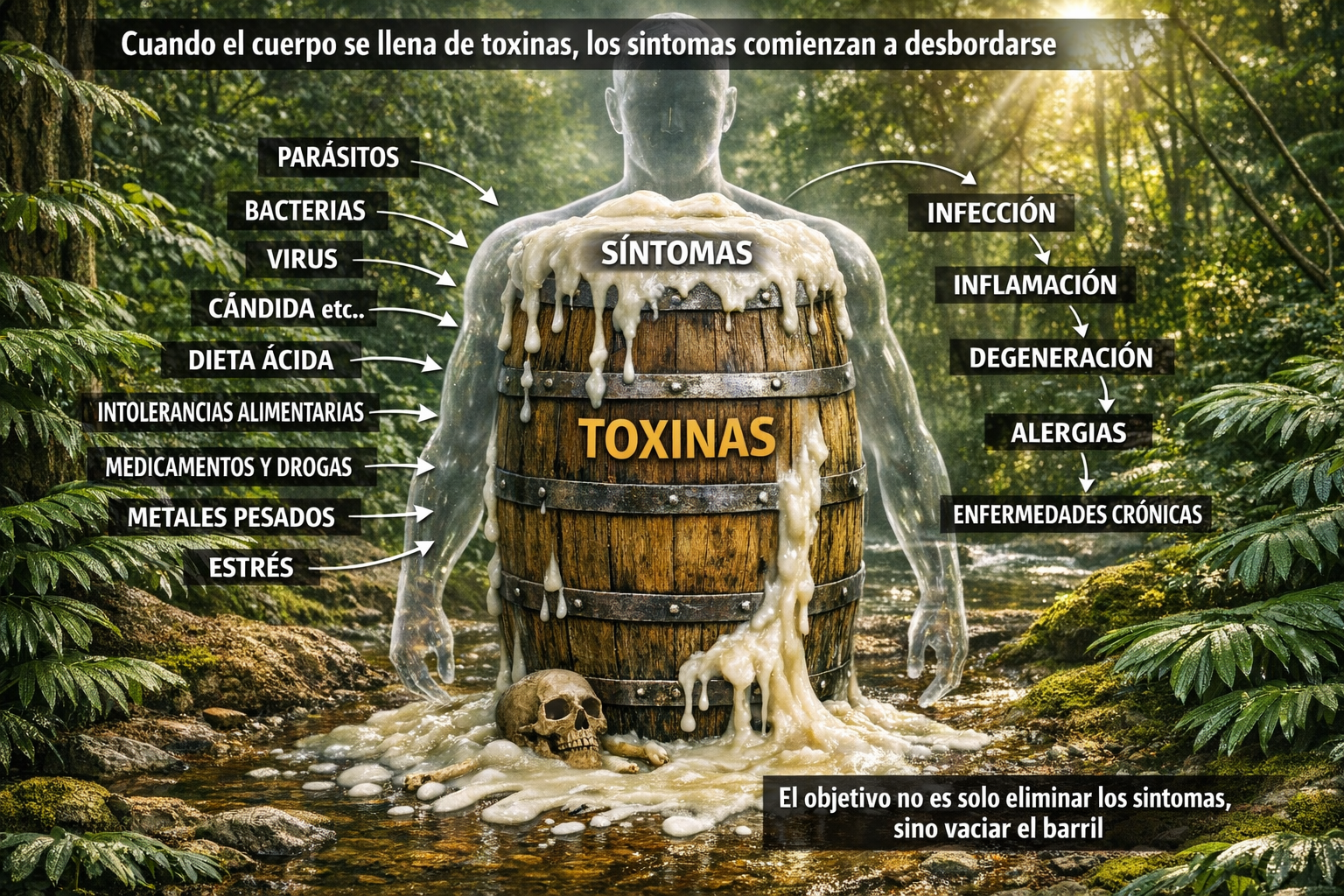 Infografia: cuando el cuerpo se llena de toxinas, los sintomas comienzan a desbordarse — parasitos, bacterias, estres, metales pesados, dieta acida y su relacion con infeccion, inflamacion, degeneracion, alergias y enfermedades cronicas