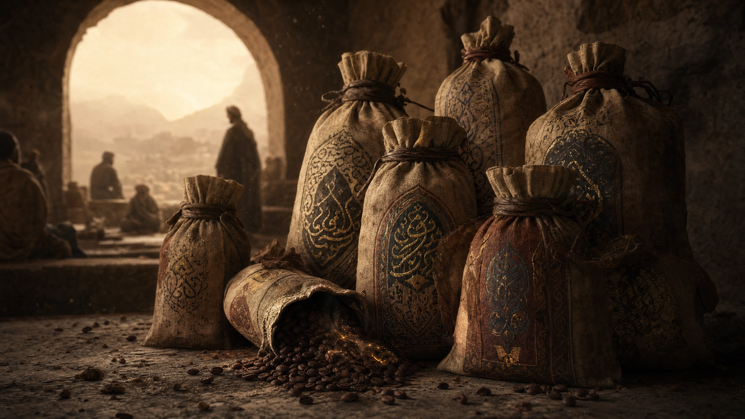 Ornate fabric-wrapped sacks of Origin Coffee with Arabic calligraphy