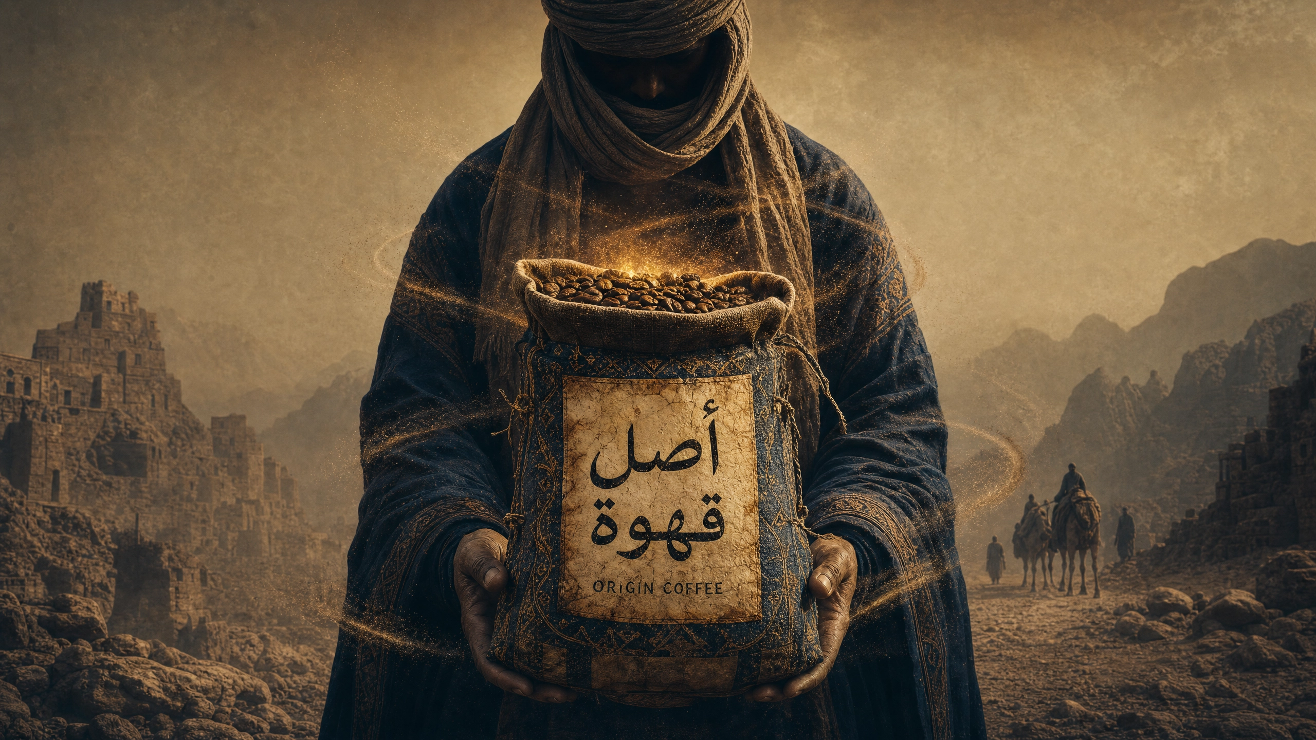 Veiled steward holding a sack of Origin Coffee beans