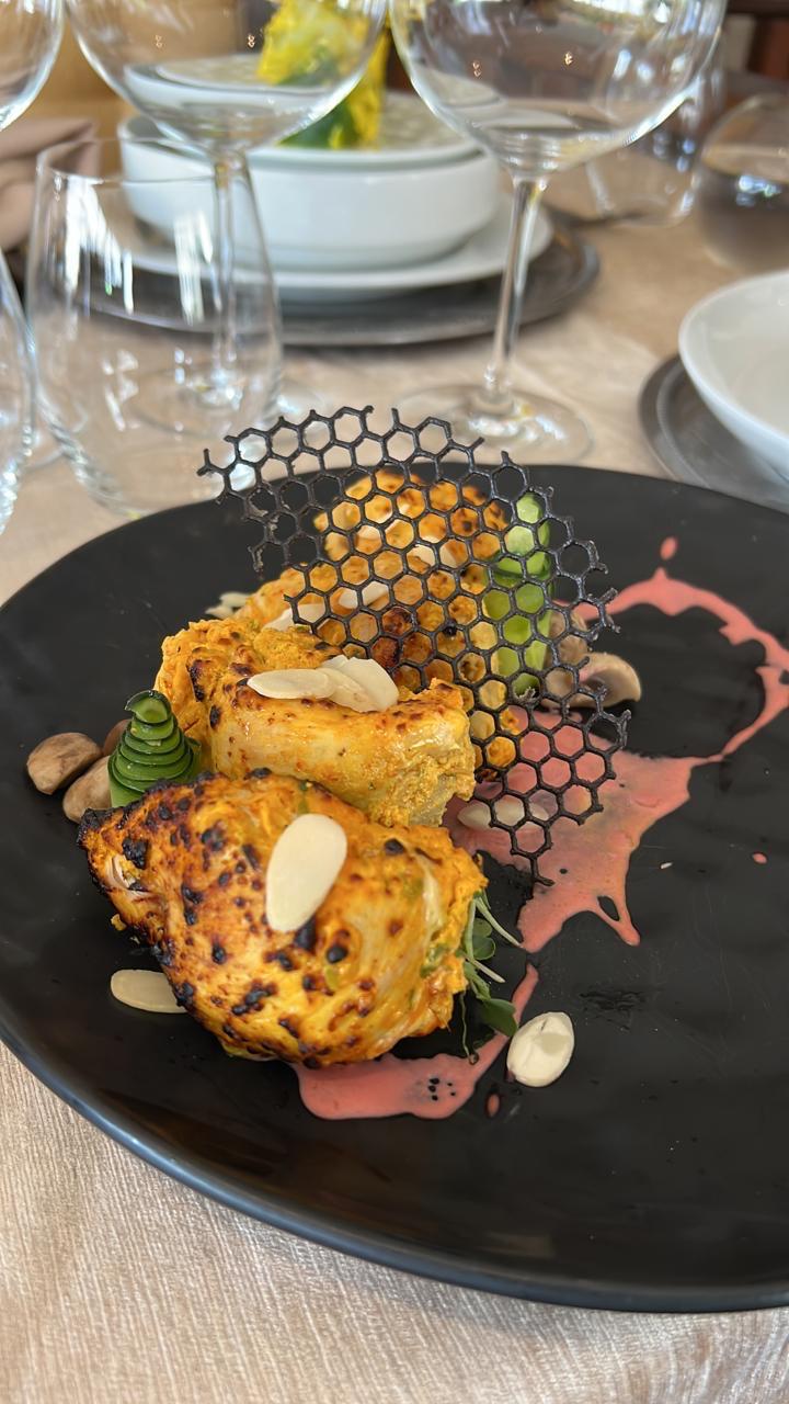 Tandoori paneer with black honeycomb tuile