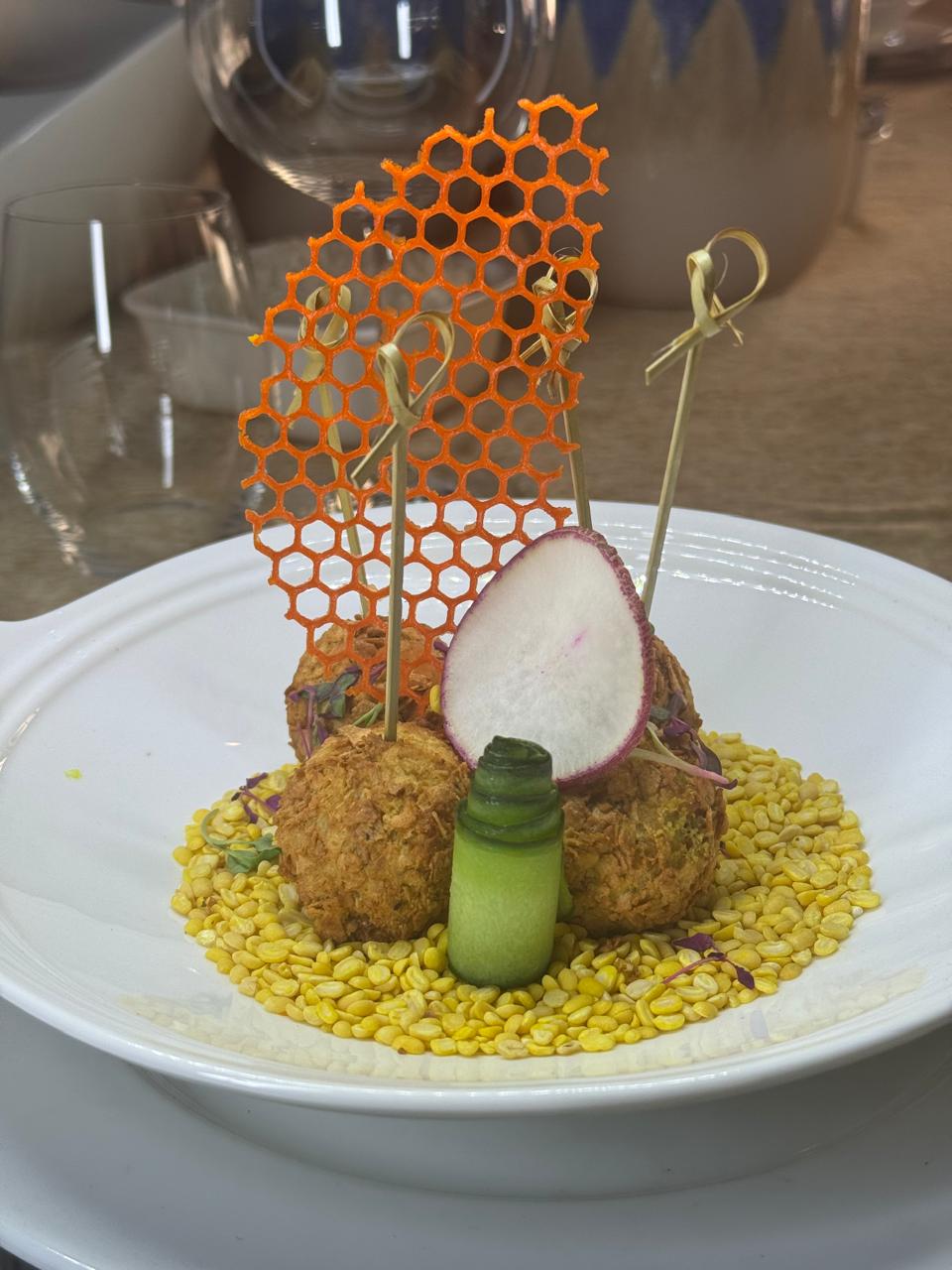 Crusted koftas with orange honeycomb tuile