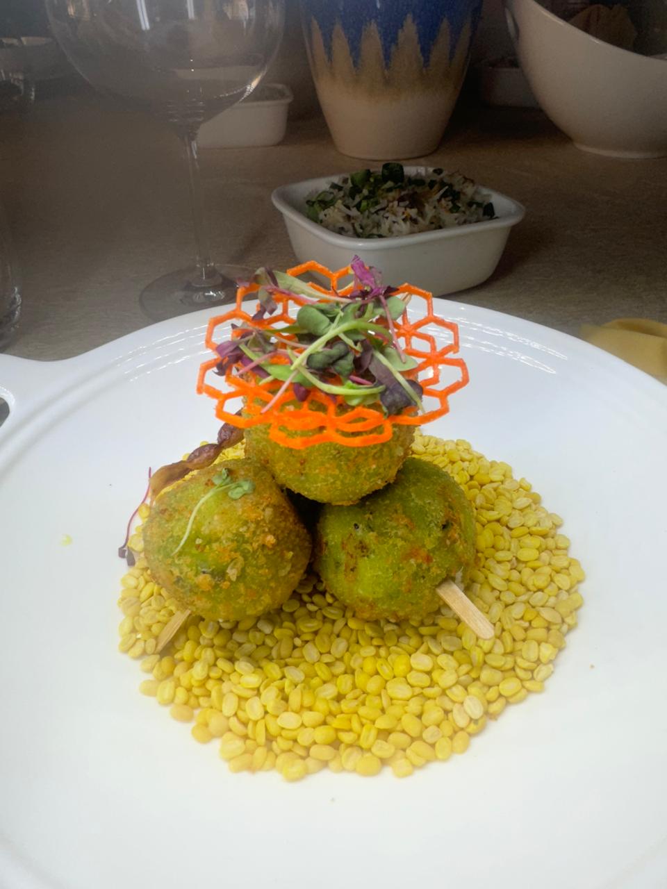 Hara bhara kebab tower with orange tuile