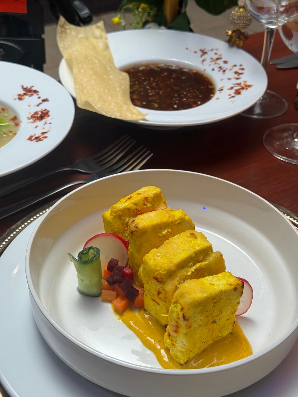 Saffron paneer tikka with mango sauce