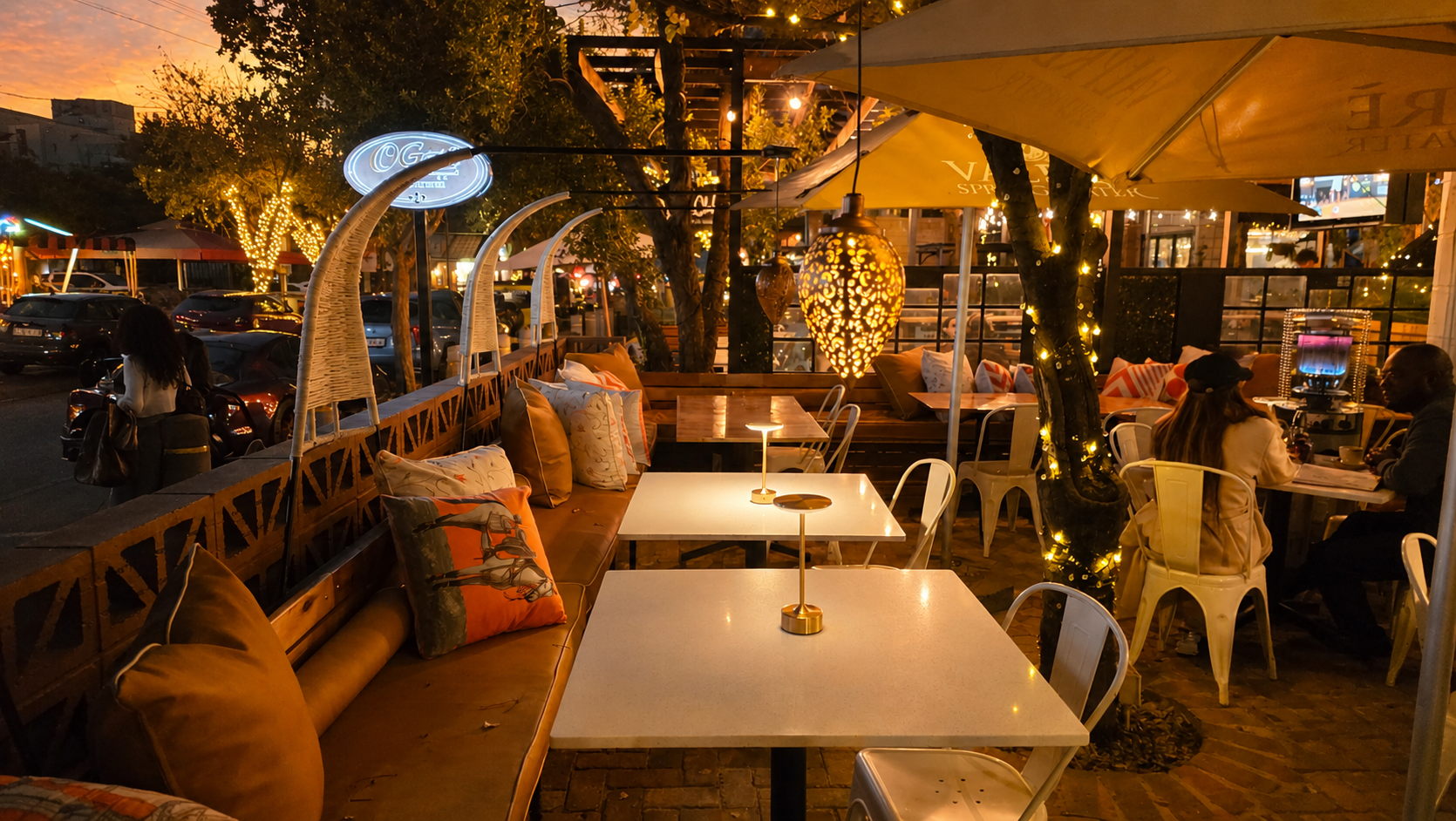 Under the lanterns.